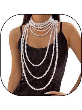 Layered Pearl Beaded Necklace - Multi Strand Big & Small Beads, Trendy Jewelry